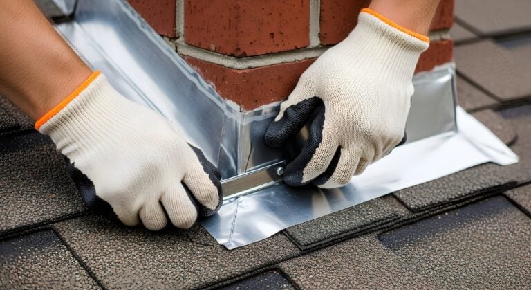 Professional hands repair roof flashing around a chimney, ensuring watertight protection and home durability.
