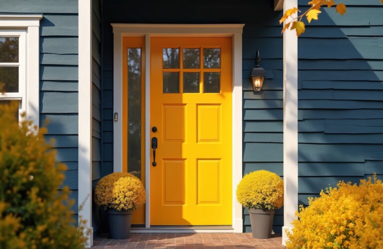 Striking yellow front door with sidelight, black handle. Exterior of blue clapboard siding house with yellow bush in pots. Traditional home entrance, modern design blend. Shows bright curb appeal.