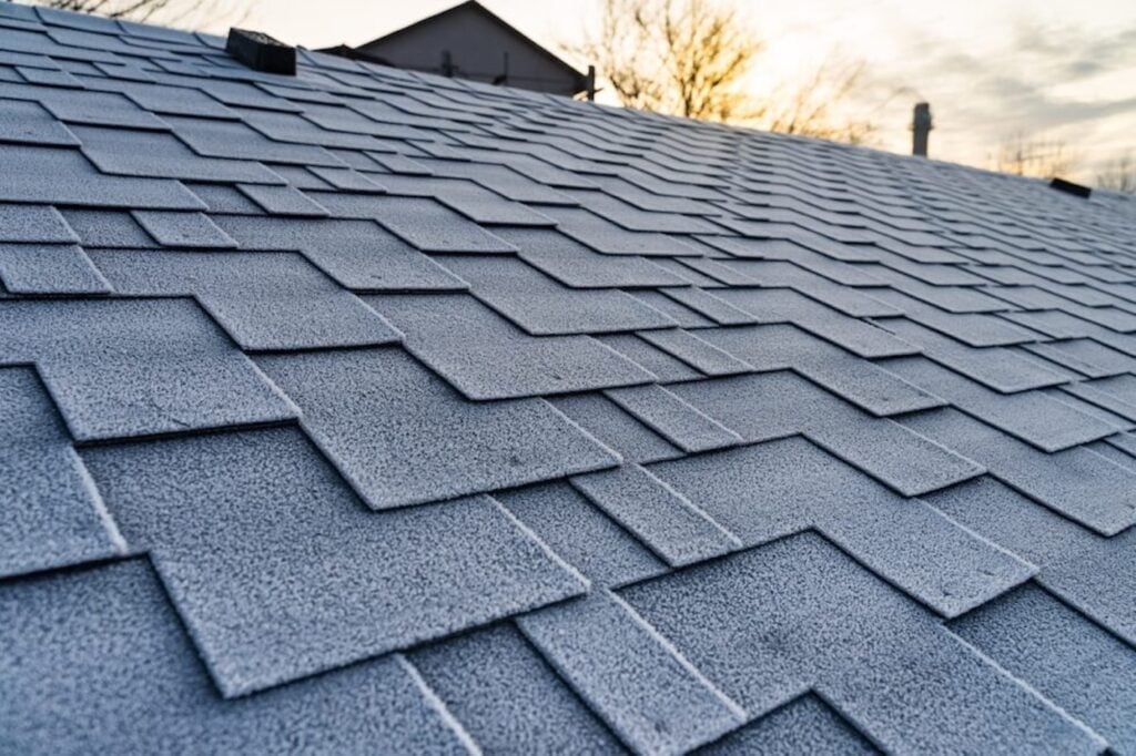 Winter frost on the asphalt roofing shingles.