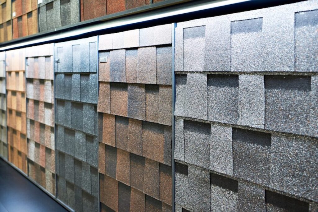Laminate roof tiles on display in store