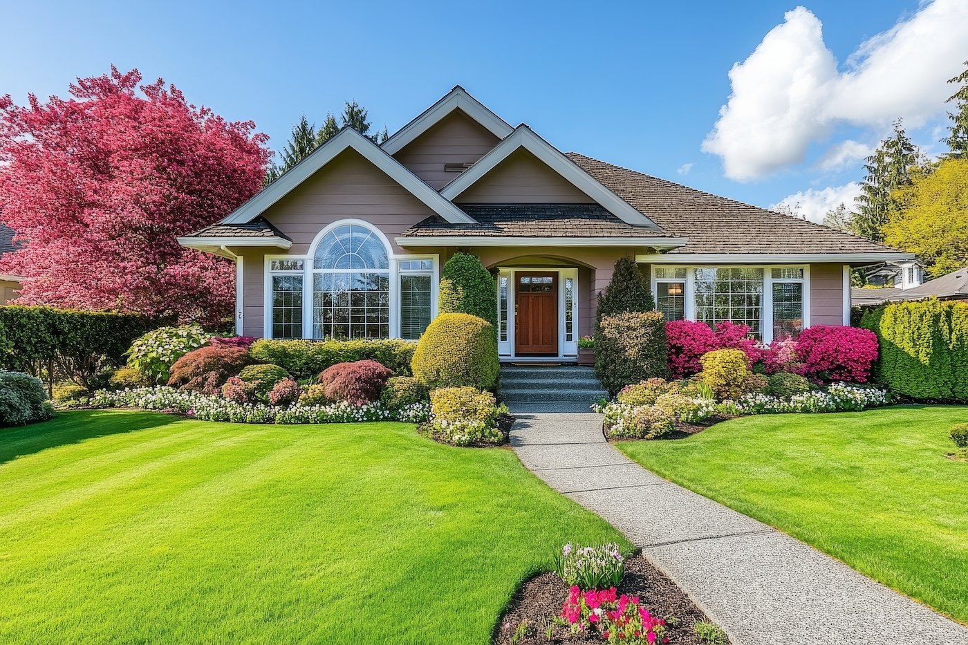 A beautiful house with a lush green lawn and a walkway leading to the front door.