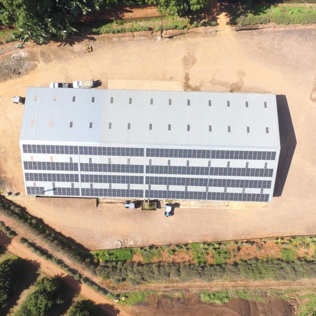 Aerial view of a large commercial metal roof with solar panels for a local roofing company in Glen Ellyn, IL