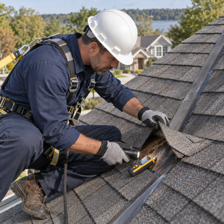 Roofer inspecting damaged asphalt shingles and exposed roof decking for roof replacement services near me