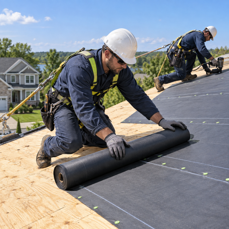 Roofers installing roofing underlayment during a roof replacement in La Grange Park, IL