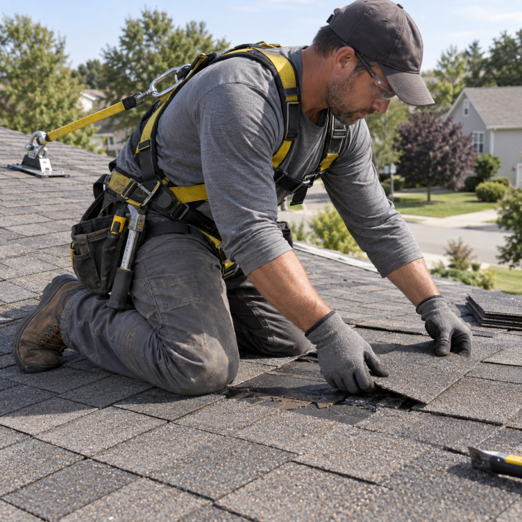 Roofer installing asphalt shingles during a roof replacement in Glen Ellyn, IL