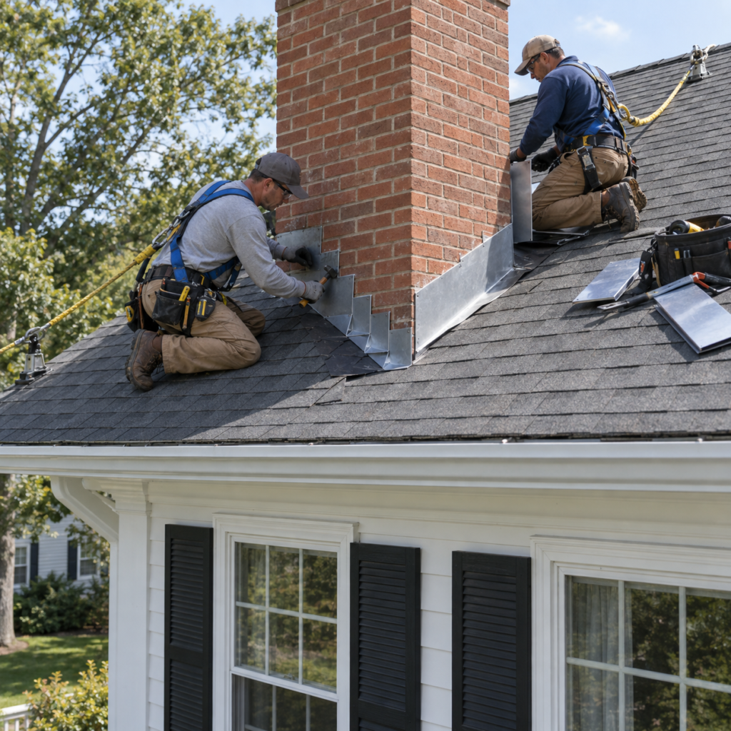 Roofers installing chimney flashing during roof replacement services near me