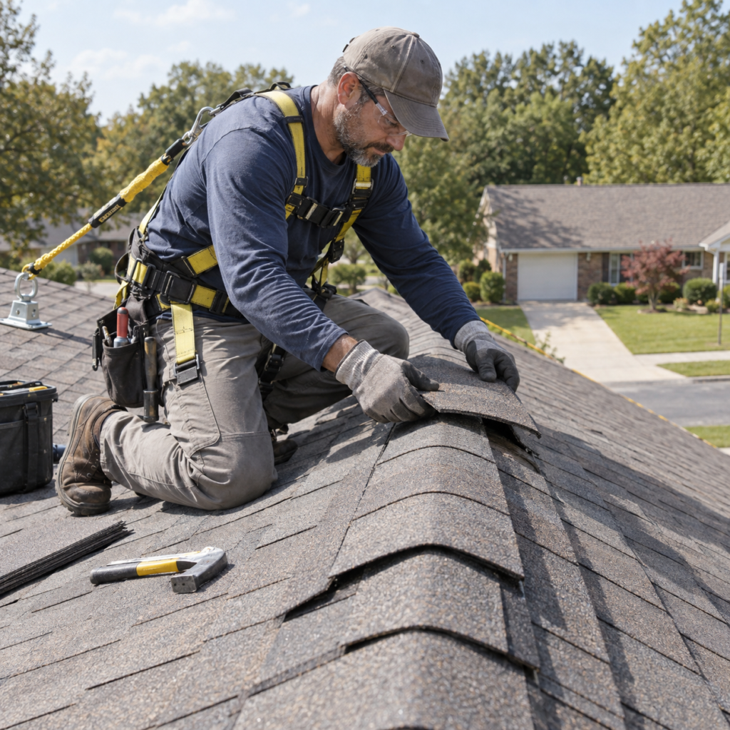Roofer installing ridge cap shingles for roof replacement services near me