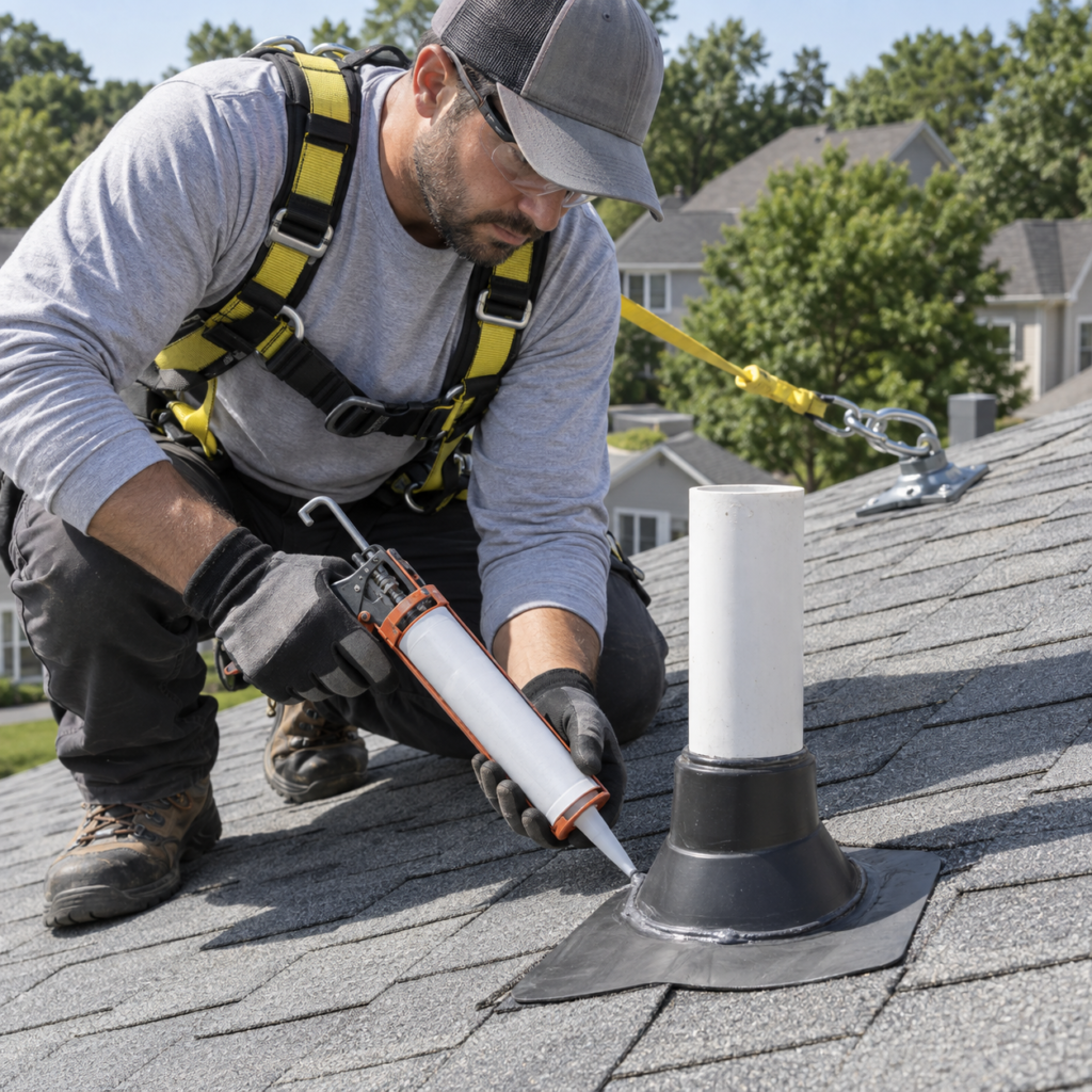 Roofer sealing pipe flashing during a roof replacement in Lombard, IL