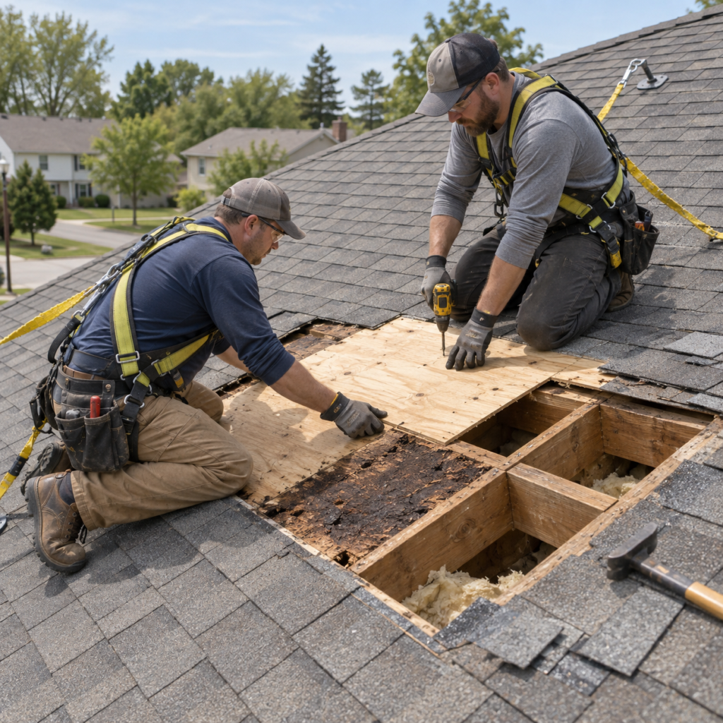 Roofers replacing damaged roof decking for roof replacement services near me