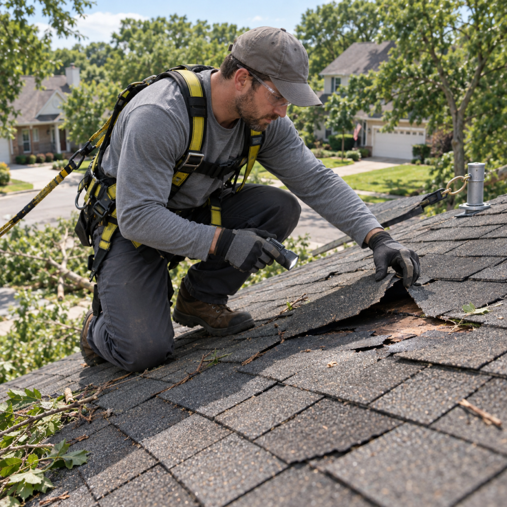 Roofer inspecting damaged asphalt shingles during a roof replacement in Bolingbrook, IL