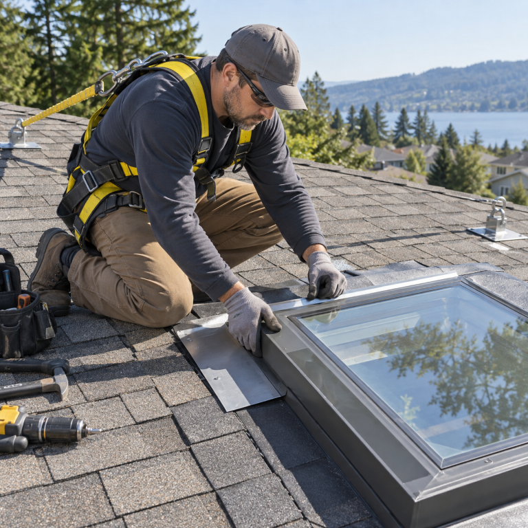 Roofer installing skylight flashing for roof replacement services near me