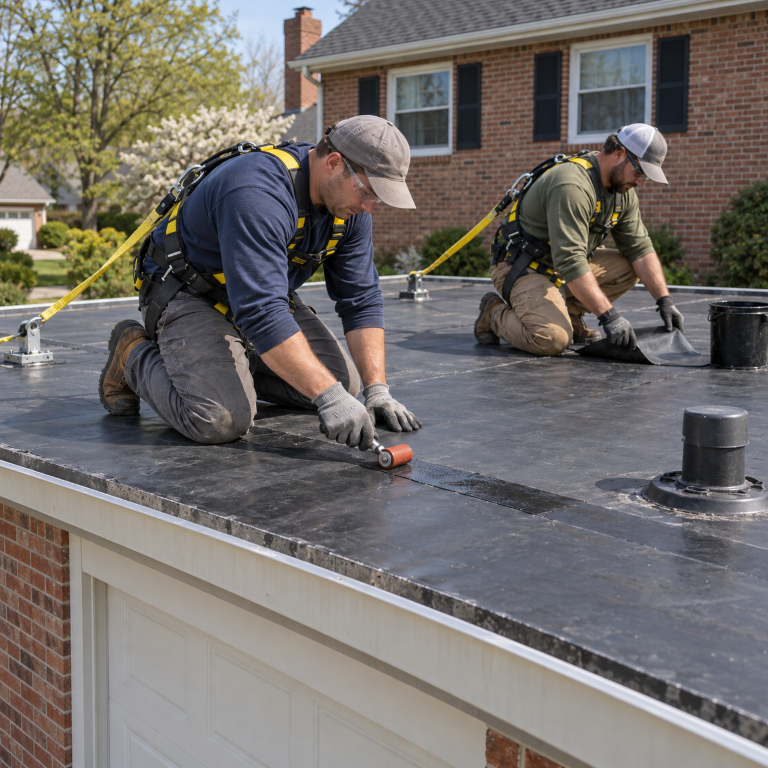 Roofers installing a flat roofing membrane during a roof replacement in Oak Brook, IL