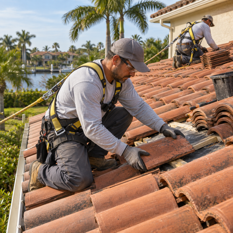 Roofers replacing clay roof tiles for roof replacement services near me