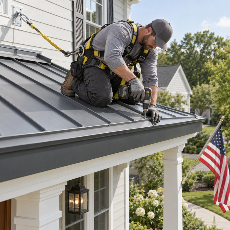 Roofer installing a standing seam metal roof during a roof replacement in Western Springs, IL