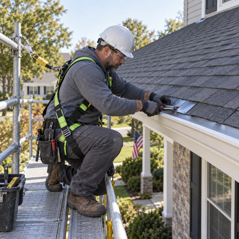 Roofer installing metal flashing along asphalt shingles for roof replacement services near me