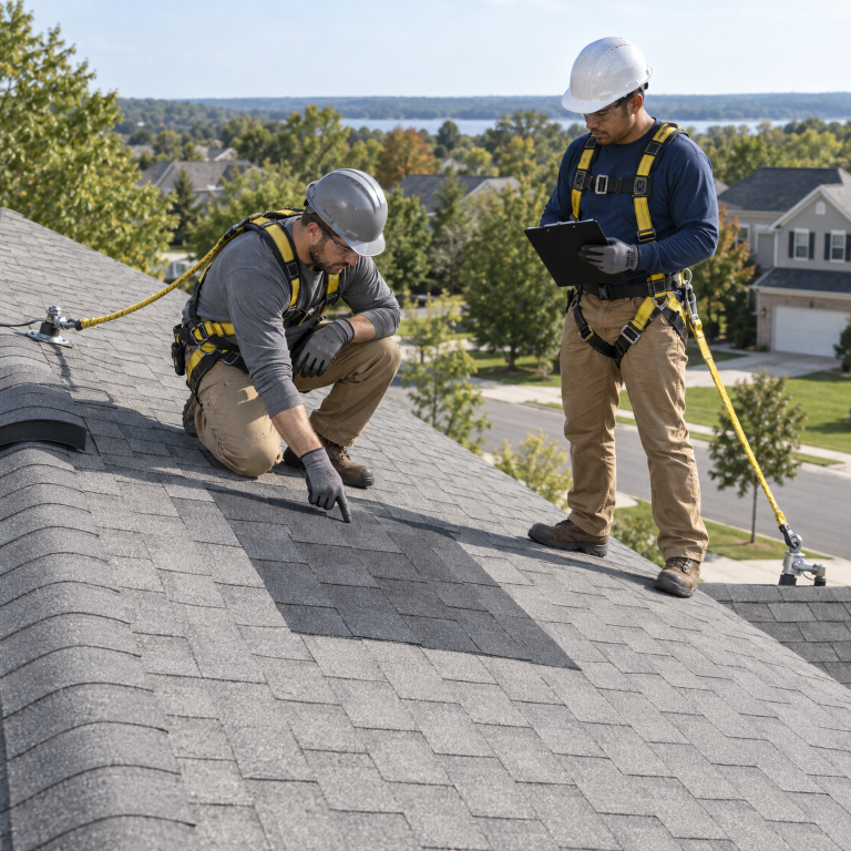 Roofers inspecting asphalt shingles during a roof replacement in La Grange, IL
