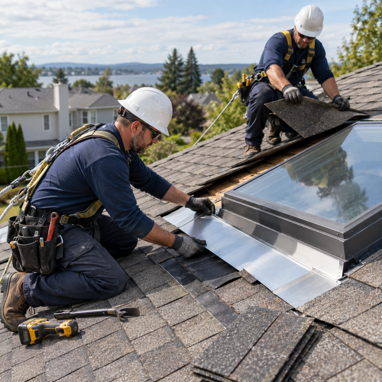 Roofers installing skylight flashing during roof replacement services near me