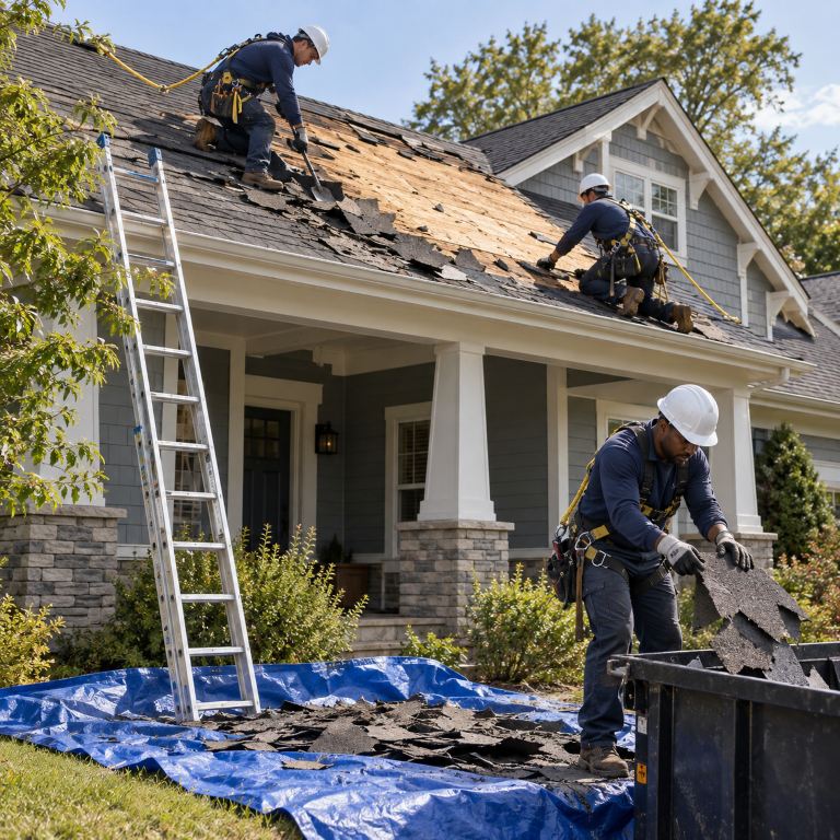 Roofers removing old asphalt shingles during a roof replacement in Plainfield, IL